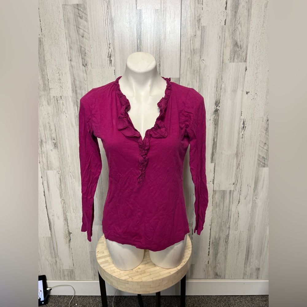 Ann Taylor Loft Magenta Ruffle V-Neck Long Sleeve Top Womens Size Medium M Berry